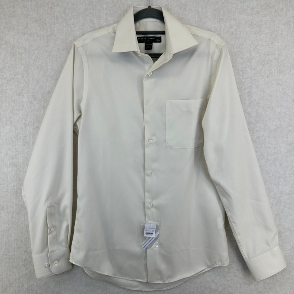 Pronto Uomo Mens Slim Fit Non Iron Cotton Dress Shirt Size 14 Cream